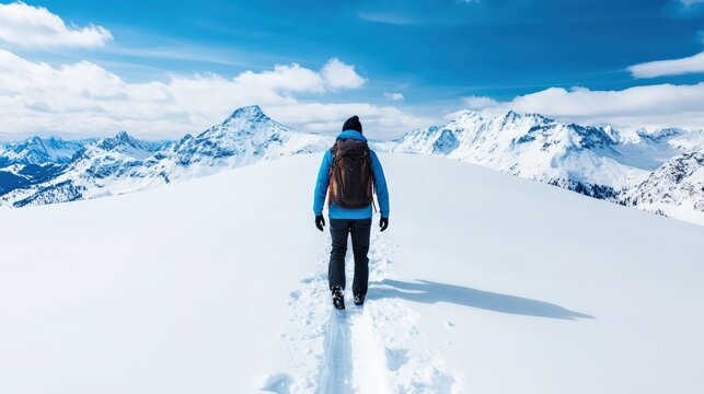 Hiker walking alone on a snowy mountain ridge with bright blue sky, vast winter landscape, and copy space