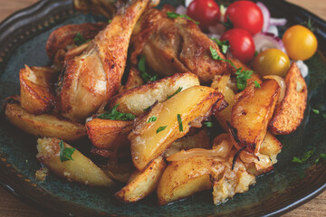 fried chicken legs with potato slices, on a plate, baked in the oven, with spices, homemade, no people