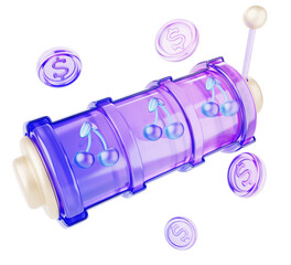3d glass holographic casino slot machine with three cherry and flying coin. Jackpot online, lucky game icon. Purple gamble roulette, spin wheel with lever, win money with fortune reel