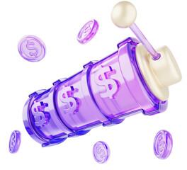 3d glass holographic casino jackpot slot lever with dollar signs and flying coins. Purple machine wheel with handle. Gambling online, win money, lottery generator, lucky game icon