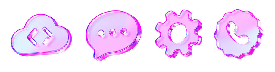 3d set of glass holographic ui icon for app or web design. Cloud programming code, settings gear, chat speech bubble, phone call. Business technology, communication, support service