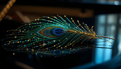 A Peacock Feather Laying on a Reflective Table Close Up, Cinematic Shot
