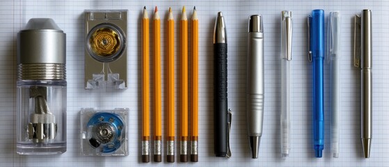 Collection of colorful school supplies arranged on grid paper with space for text, featuring pencils, markers, a sharpener, and pens in a flat lay view