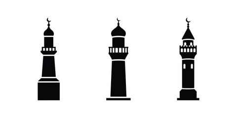 Obraz premium Tall Minaret Tower Silhouette Icon Collection on White Background