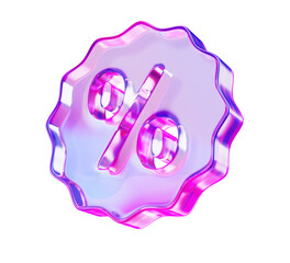 3d glass holographic discount percentage badge render. Crystal coupon percent icon with wavy edges, purple pink gradient for sale promotion, price tag, special offer, marketing design