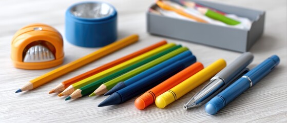 Colorful school supplies arranged on grid paper with ample copy space for educational themes and projects