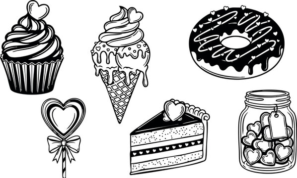 Black and white line art dessert set with heart cupcake, dripping ice cream cone, glazed donut, cake slice, heart lollipop and candy jar, minimalist outline style
