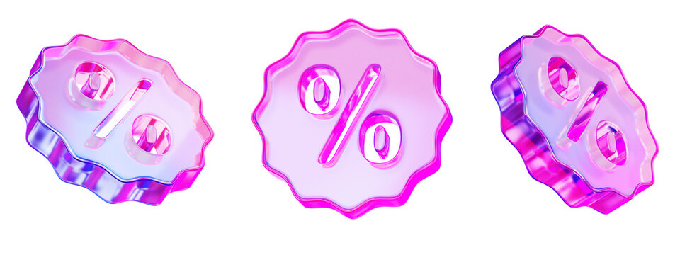 3d set of glass holographic discount percentage badge icon with wavy edges in different angles. Gradient crystal coupon elements for sale promotion, price tag, special offer or bonus