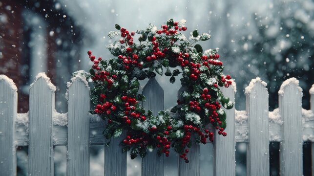 holiday wreath with red berries on snowy fence,