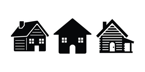 Wooden Cottage Silhouette Icon Set on White Background