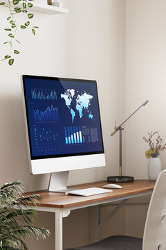 3D digital workspace with data monitor and graphs display