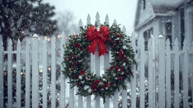 holiday wreath with red bow on snowy gate,