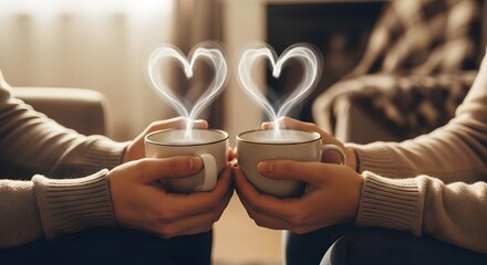 Cozy couple toasting with hot drinks creating heart shaped steam