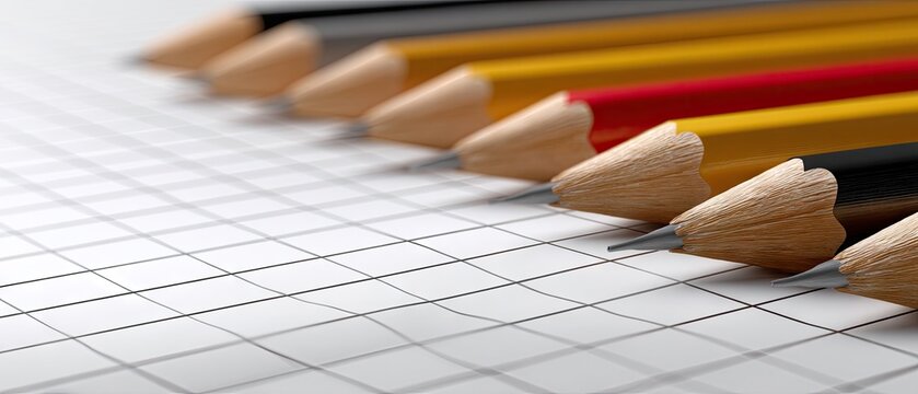 Colorful pencils arranged on a grid paper background ready for school projects and creativity in a bright setting