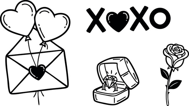 Hand drawn line art valentine icons with heart balloon envelope, xoxo lettering, diamond engagement ring box and single rose flower on clean white background