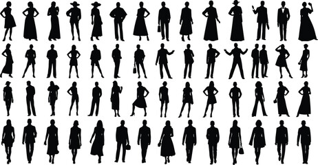 Silhouette, fashion, posture, diversity, people, black, grid, character, modeling, style, outfit, hat, dress, suit, accessory, pose, minimal, abstract, human, figure