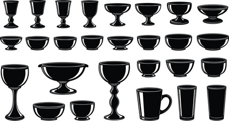 Silhouette, goblet, mug, bowl, cup, chalice, dishware, stemware, kitchenware, outline, black, blue, minimal, design, icon, vector, utensil, isolated, graphic, collection