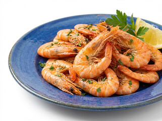 Assiette de crevettes saut&eacute;es &agrave; l&rsquo;ail et persil citronn&eacute;