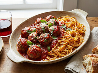 Spaghettis &agrave; la sauce tomate et boulettes de viande