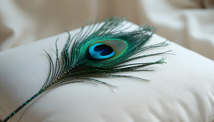 A Peacock Feather Laying on a White Puffy Pillow Close Up