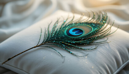 A Peacock Feather Laying on a White Puffy Pillow Close Up