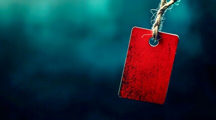 Bright red tag hanging on a twine against a blurred blue background creating a striking visual contrast for marketing and labeling purposes
