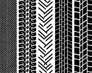 Tire tread pattern collection, rubber texture, automotive grip, wheel design, traction detail, vehicle safety, industrial mark, black imprint, transportation