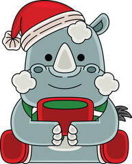 Cartoon Rhinoceros character celebrating Christmas