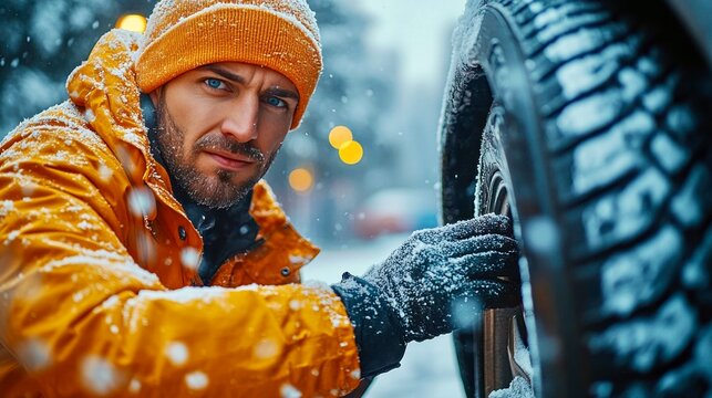 Mechanic changes car tire in snowy outdoor parking lot as winter storm hits, showcasing determination and skill in challenging conditions