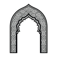 Intricate black and white islamic archway with detailed geometric patterns