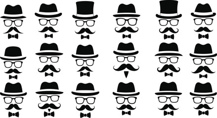 Vintage, gentleman, icon, pattern, silhouette, mustache, bowler, fedora, top hat, glasses, bow tie, retro, style, fashion, male, face, grid, black, white, design