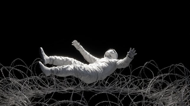 Uncertainty and Risk in Business Growth, an astronaut floating above barbed wire in dark space