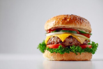 Freshly Stacked Burger with Juicy Patty, Crisp Vegetables, and Melted Cheese on a White Backdrop