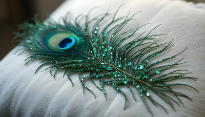 A Peacock Feather Laying on a White Puffy Pillow Close Up