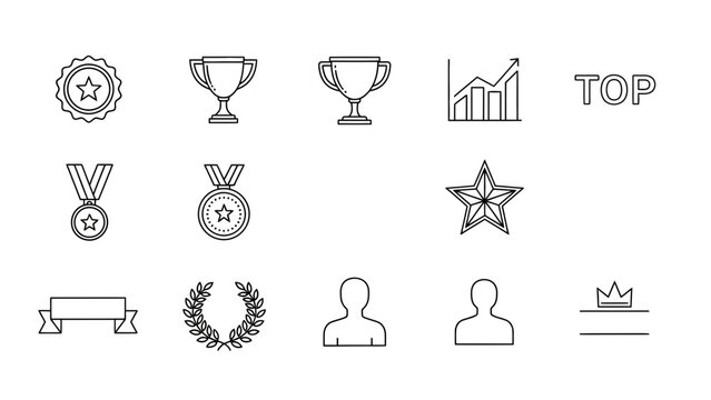 Achievement award success trophy medal star top graph laurel crown banner person vector line icons set design, Vector illustration
