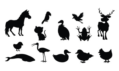 Mixed Wildlife Silhouette Collection: Birds, Animals and Marine Creatures Vector Set