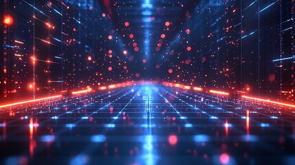 A digital landscape featuring a grid pattern with glowing red and blue elements and bokeh effects
