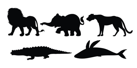 Wild Animal Silhouette Set: Lion, Elephant, Cheetah, Crocodile and Whale Vector Illustration