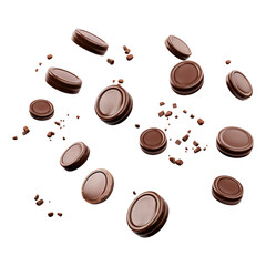 Obraz premium Falling melted chocolate drops isolated on a transparent white background, clipping path, pen too