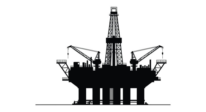 Detailed industrial oil rig structure against a white background a stark black silhouette