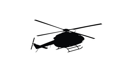 a stark black helicopter form against a white background displaying a dynamic aerial silhouette