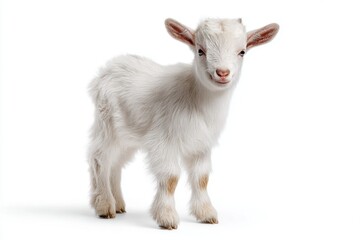 Naklejka premium Adorable Small White Goat Kid Standing Gracefully Against a Minimalist Background with Soft Features and Playful Expression