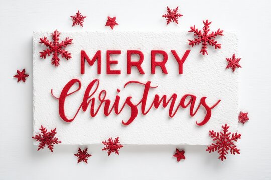 Merry christmas glitter text with red snowflakes and stars isolated on white background
