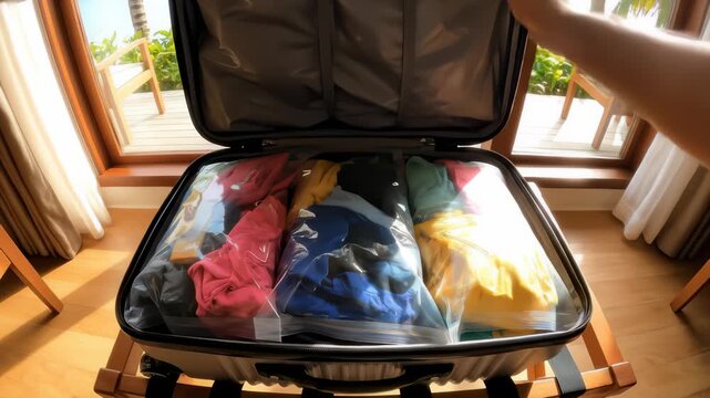 Pov Packing Luggage for Travel Vacation in Tropical Resort Room