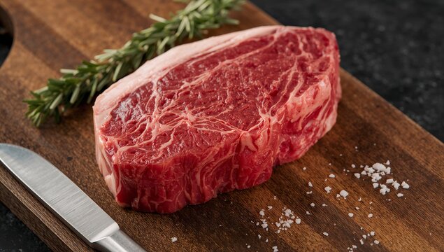 Juicy ribeye steak ready for grilling with fresh rosemary and sea salt on rustic wood cutting board, perfect for summer barbecues and gourmet meals - Powered by Adobe