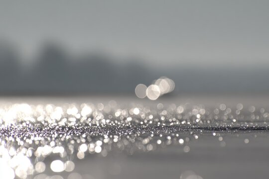 Sunlight reflects on a wet surface creating a sparkling effect near a tranquil lake in the morning