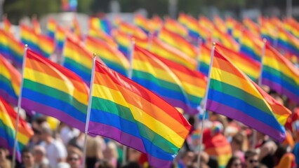 Vibrant pride parade celebration with colorful lgbtq+ flags displayed by crowd