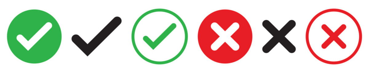 Set green approval check mark and red cross icons in circle and square, checklist signs, flat checkmark approval badge, isolated tick symbols