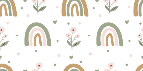 Clean seamless rainbow pattern with tiny florals in a modern boho style for kids and festive winter projects.
