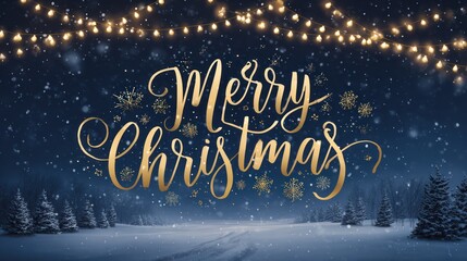 Merry christmas golden script with festive lights and snowy winter landscape